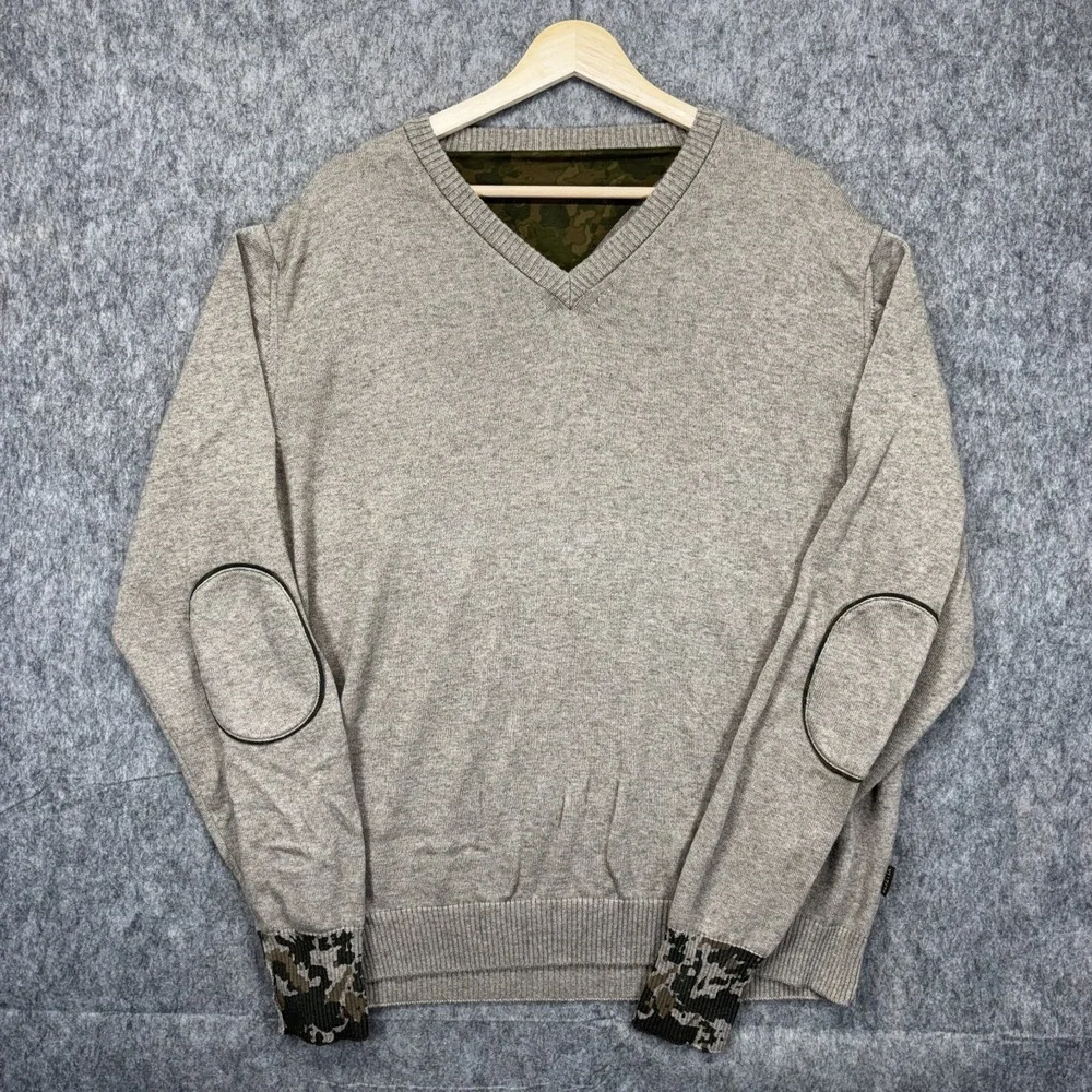 Beretta V Neck Camo Sweater Men's L/XL Elbow Patches Brown Wool Hunting